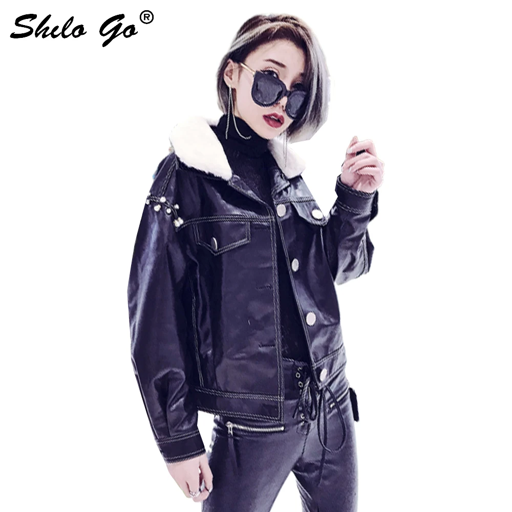 Leather Jacket Womens Spring Fashion sheepskin genuine leather coat Fur lapel collar single breasted beading shoulder