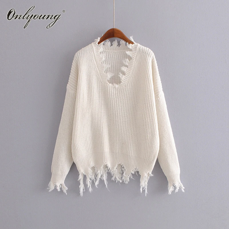 

Onlyoung 2019 Autumn Winter Women White Sweater Knitted Pullover Casual Jumper Loose Ripped Black Red Female Sweater