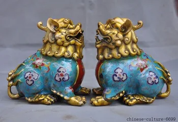 

christmas 7"Old Chinese bronze Cloisonne Enamel Gilt Foo dog Lion Lions Animal Statue Pair halloween