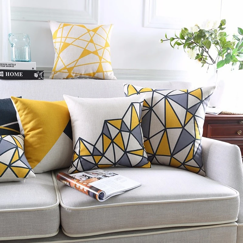

Yellow Geometric Cotton Linen Grey Grid Throw Pillow Case