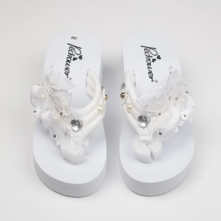 Korean Handmade Pearl Butterfly Slippers Female Summer Non-slip Beach White Platform Wedge Flip Flops Shoes Cheap Online 6cm46