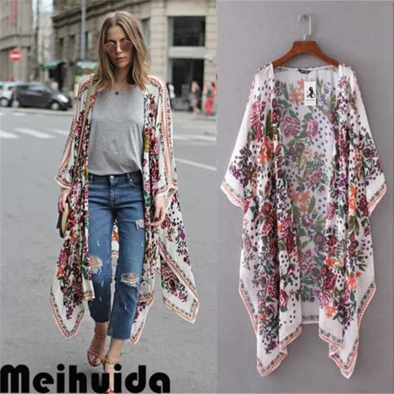 

Women Floral Print Chiffon Loose Shawl Kimono Cardigan Top Cover Up Blouse Hot