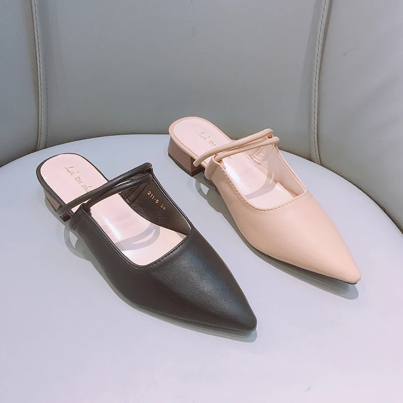

Summer Low Square High Heels Slippers Women Shoes Mules Closed Pointed Toe Woman PU Leather Slides Slip On Fashion Lady Sandals