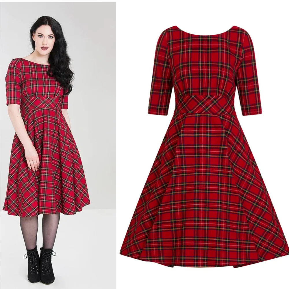 40- Summer Women Vintage 50s Tartan Boat Neck 1/2 Sleeve Swing Dress In ...