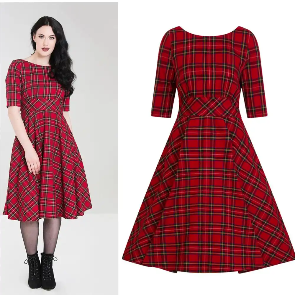 40 Summer Women Vintage 50s Tartan Boat Neck 1 2 Sleeve Swing Dress In Red Rockabilly Pinup Vestidos Plus Size Jurken Dresses