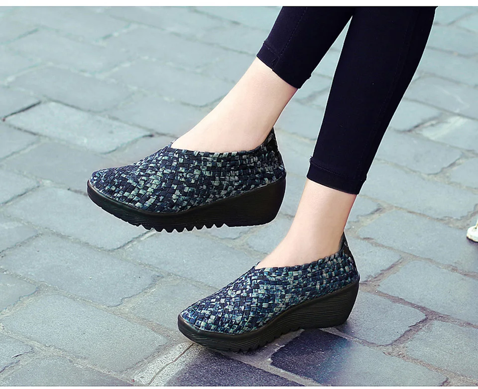 EOFK Breathable Women Woven Shoes loafers Handmade Elastic Woven Slip On Nylon Platform Wedges Shoes Woman