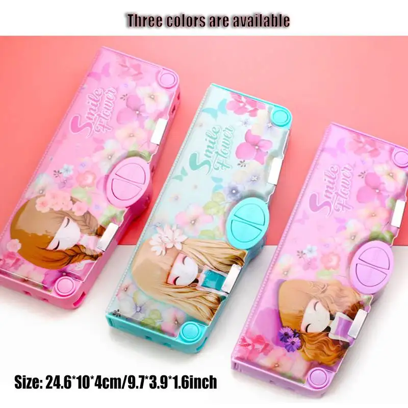 

Plastic Cartoon Fancy Stationery Multi-function Pen Box 2 Layer Double Open Multi-layer Pencil Case Student Gift School Supply