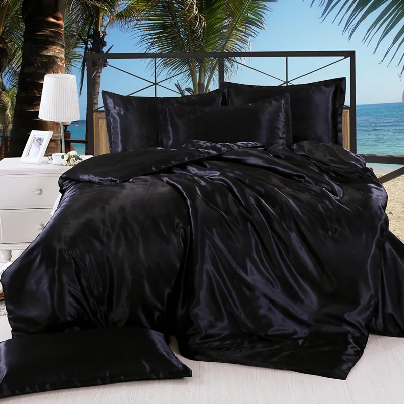 Black Silk Comforter Set Luxury Soft Silk Feel Black Pleated Satin