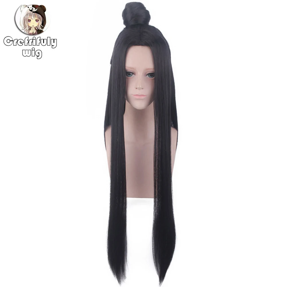 Anime Ancient Costume Long Straight Black Cosplay Wig With Bun