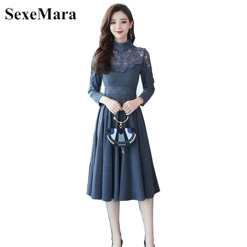 

2018 autumn and winter new large size retro high collar lace stitching midi dress female elegant party long sleeve vestidos