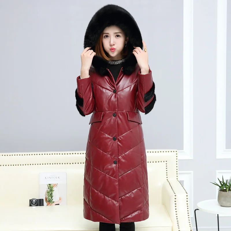 Wine red Женское пальто из овечьей кожи, новинка, Куртки из натуральной кожи, длинный Лисий мех, белый утиный пух, верхняя одежда, Женское пальто из натуральной кожи, OK1177 - Цвет: Wine red