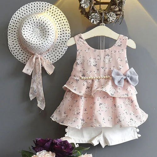 Sodawn/ г. летний комплект одежды для девочек, модный сарафан с принтом платье с бантом и жемчугом+ шорты+ шляпа, костюм Одежда для маленьких девочек из 3 предметов - Цвет: Розовый