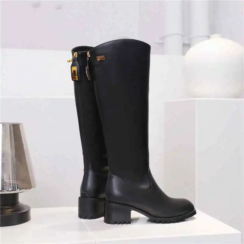 krazing pot new streetwear genuine leather med heels Winter round toe metal lock fasteners keep warm riding thigh high boots l33