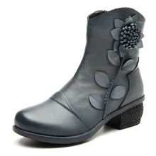 2016 Nouvelles Femmes de Mode D’hiver Chaud Véritable Cheville En Cuir Bottes Femmes Oblique Zipper Floral Bottes pour Femmes Rouge Noir bleu