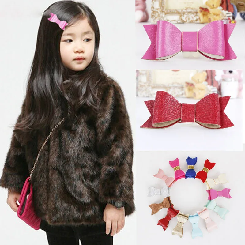 retail 2015 new Glitter Felt and Artificial Leather Bow Hair Clips girl Fashion Accessory Grips |