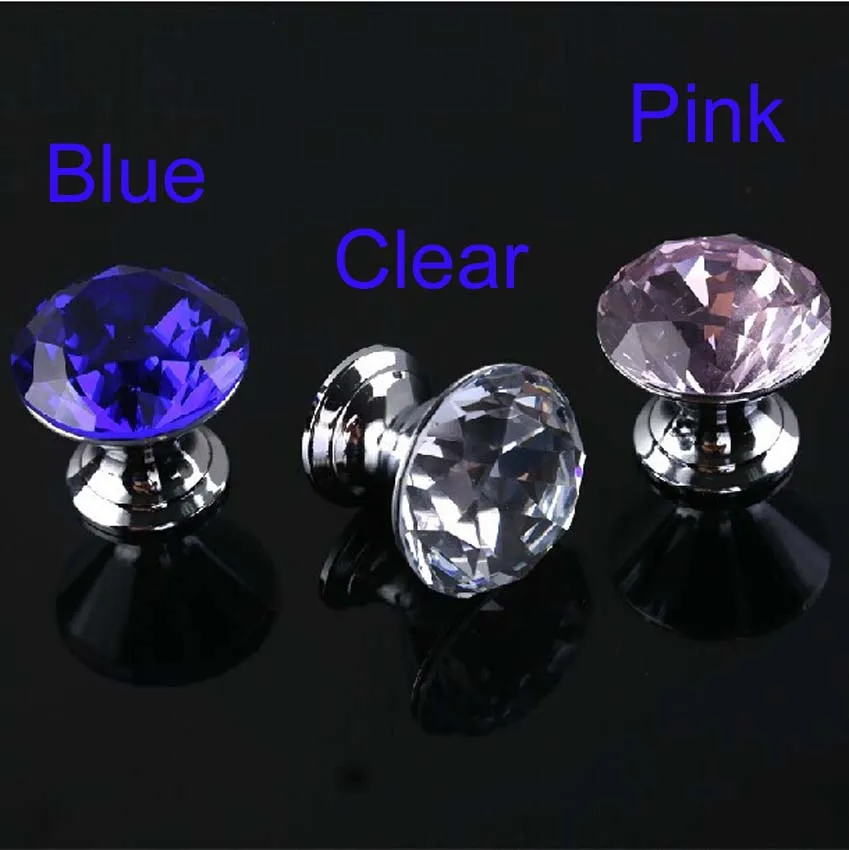 30mm Luxury Pink Blue Clear Crystal Drawer Knobs Silver Metal