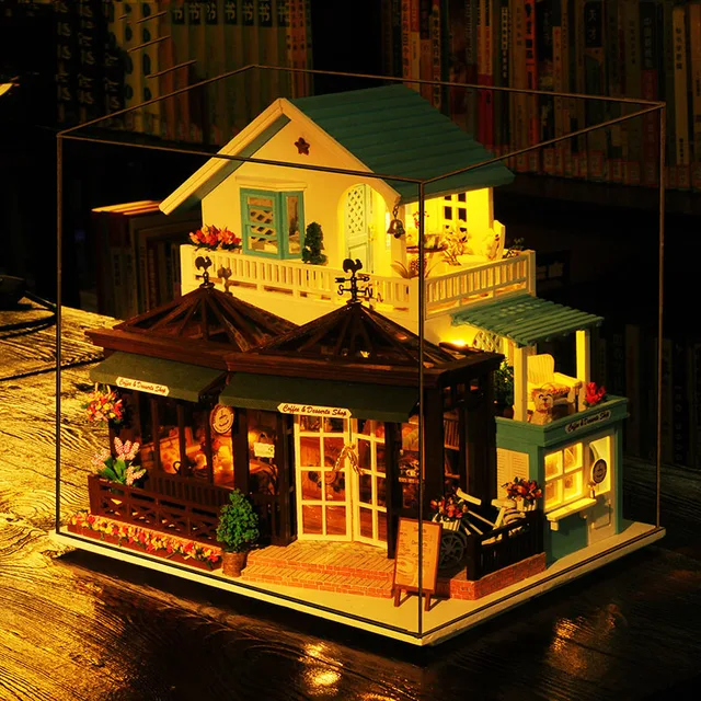 Large Coffee Wooden Doll House Manual Assembling Model Toys Diy Wooden Hut House With Led Light Music Small Tools Birthday Gift 6