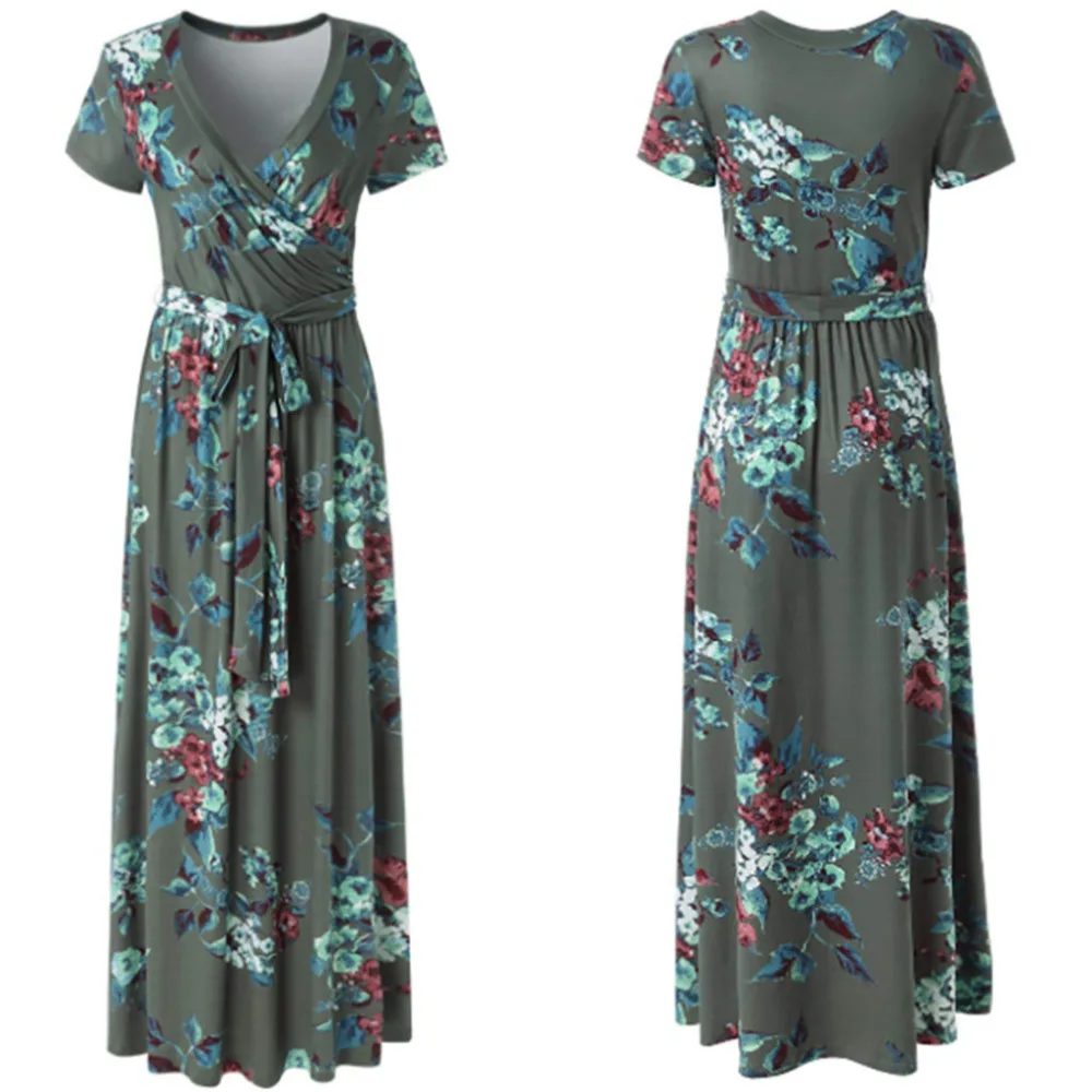 

Women's Spring Dress large sizes Sexy Shor Sleeve V-Neck Blue Flower Print Evening Party Prom Swing Long Dress l19129