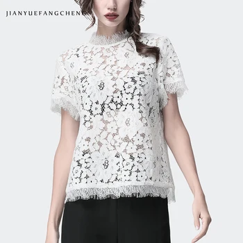 

White Lace Top Women Blouse Hollow Out Floral Stand Collar Short Sleeve Blouses Loose Plus Size Girls Summer School Blouses