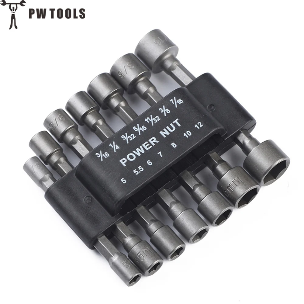 

PW TOOLS 14Pcs/Set Power Nut Driver Drill Bit Metric Socket Wrench Screw 1/4" Shank diameter Powerful Hexagon Magnetic Sleeve