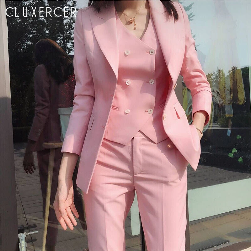 

2019 New Korean Spring Autumn Pant Suits Office Lady Elegant Pink Blazer+Vest+Pants Three Piece Set Outfits For Women