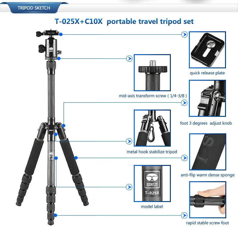 Мини дорожный карбоновый штатив+ шаровая Головка, комплект, DHL, профессиональная Sirui T025X+ C10X, держатель для цифровой зеркальной камеры
