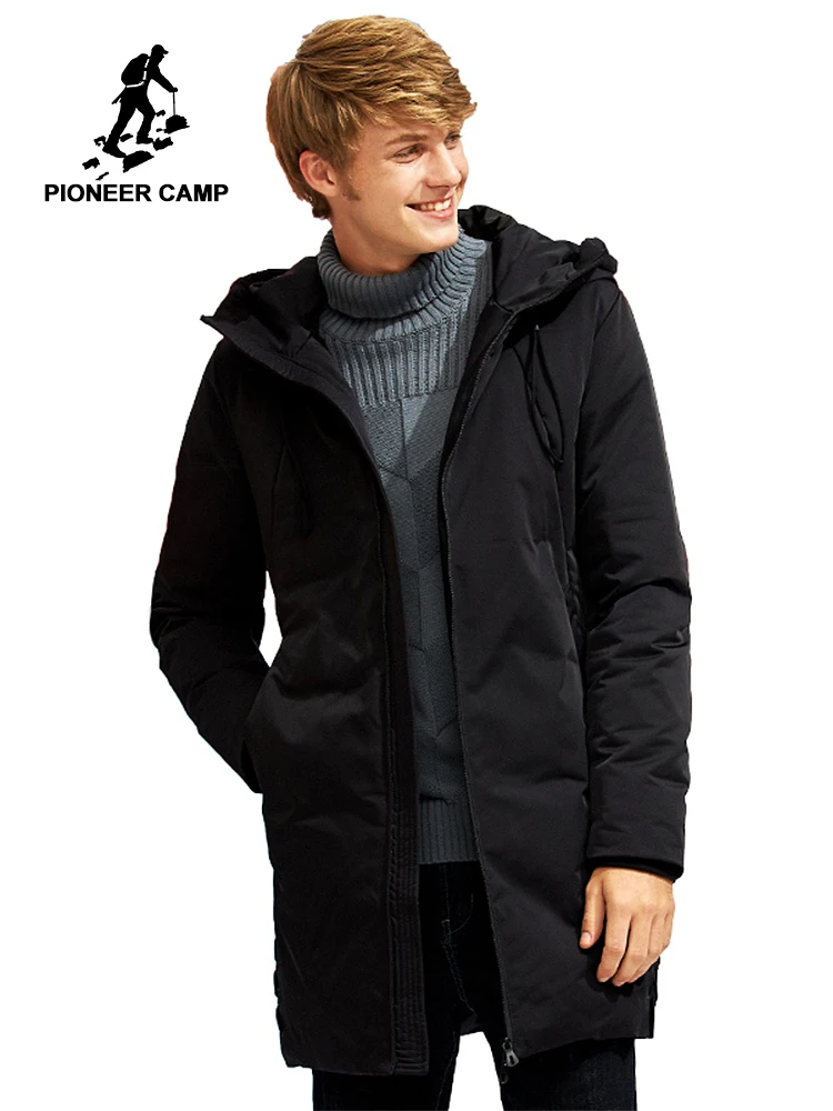 Пионерский лагерь, новинка, длинный теплый толстый зимний пуховик, Мужская брендовая одежда, с капюшоном, белый утиный пух, пальто, мужской, качественный, черный, AYR705304