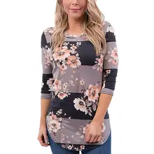 

Women Stripe T-shirts Autumn Casual Flower Print Clothing Female Tees O-Neck Long Sleeve Plus Size Tees Womens Tops