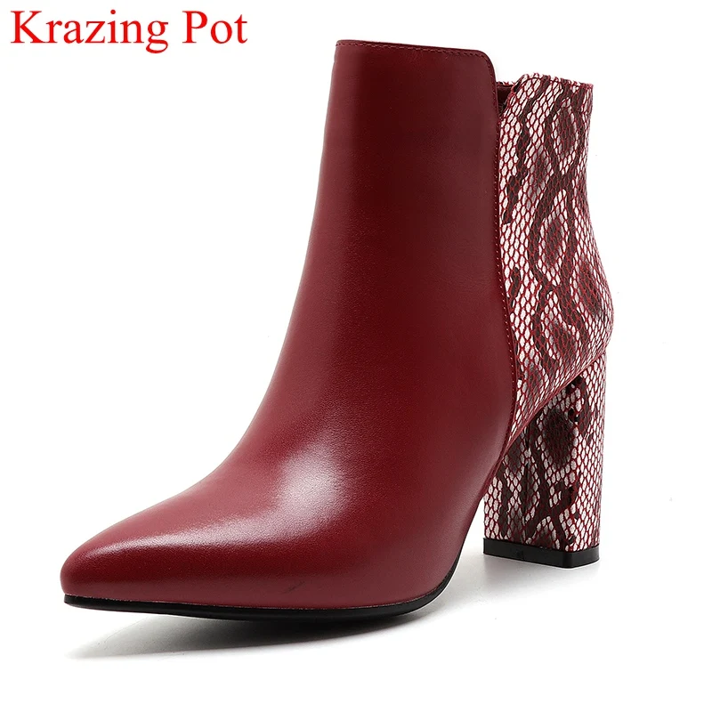 

new arrivals genuine leather pointed toe high heels women ankle boots elegant square heel fashion party warm winter shoes L7f2
