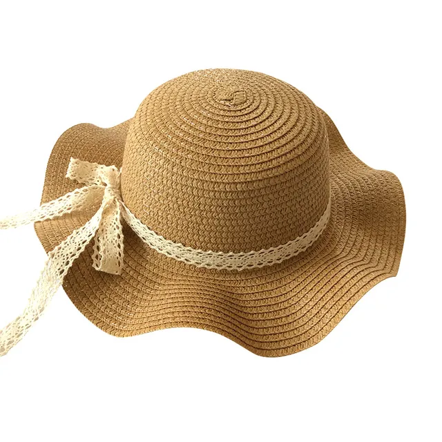 Girls Summer Cap Black Ribbon Decorate Wavy Straw Hat For Girls Children Panama Hat Kids Sun Cap Baby Beach Hats brown