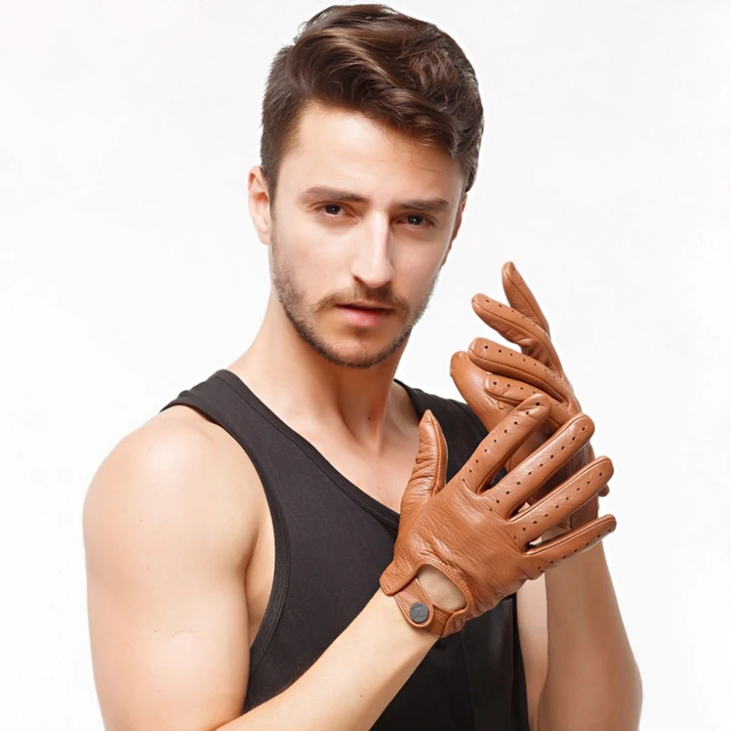 

Fashion Mens Leather Gloves Real Deerskin Mittens Men Genuine Leather Button Breathable Wrist Male Driving Gloves Free Shipping