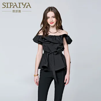 

SIPAIYA 2017 Ladies Clothing Office Blouse Tops Sexy Off Shoulder Ruffles Elastic Slash Neck Women Shirts Blouses Short Sleeve