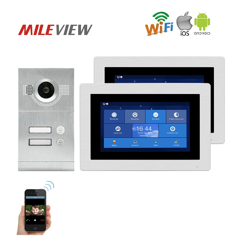 

Free Shipping 1.0MP HD WIFI IP Apartment 7" Touch Screen Video Intercom Door Phone Record Kit 2 Monitors Phone Remote Monitor