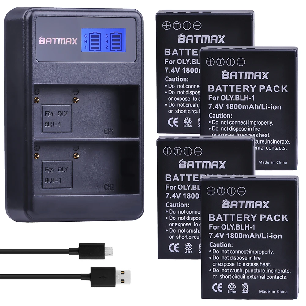 Batmax 4Pcs 1800Mah Blh-1 Blh1 Batteria Accu + Lcd Doppio Caricatore Usb Per Batteria Digitale Olympus Em1 Mark Ii Em1-2 Em1 Mark 2