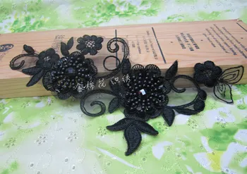 

12pcs/lot Handmade Black beaded cord lace applique lace fabric flower wedding dress