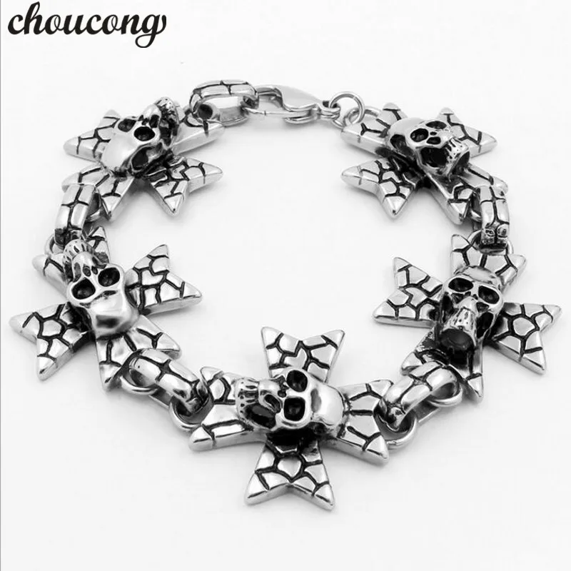 

choucong Vintage Soild Titanium Steel Length 22cm Silver Men's Skeleton Skull bracelet Ghost bangle Biker Punk Jewerly