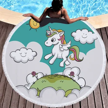 

Cute clouds Unicorn Printed 150cm Cute Round Large Beach/bath Towel Adults Kids Microfiber Tassel Tapestry Wall Hanging Blanket