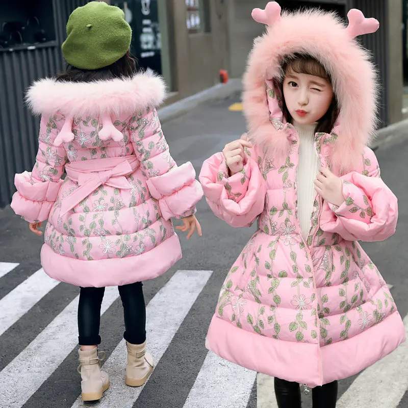 

Kids Girls Winter Down Coat For Child Girl Deer Ear Hooded Thick Warm Parkas Jackets Long Teenage Leaf Outerwear Clothes 3-14Y