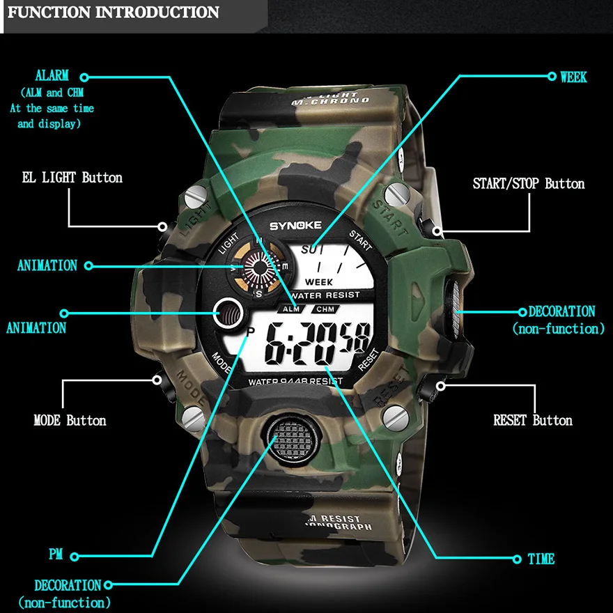 SYNOKE новые модные мужские электронные персональные камуфляжные спортивные многофункциональные водонепроницаемые студенческие электронные мужские часы