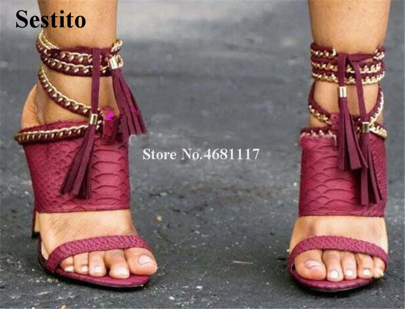 

Summer New Fashion Women Open Toe Pattern Leather Thin Heel Gladiator Sandals Lace-up Gold Chains HIgh Heel Sandals Dress Shoes