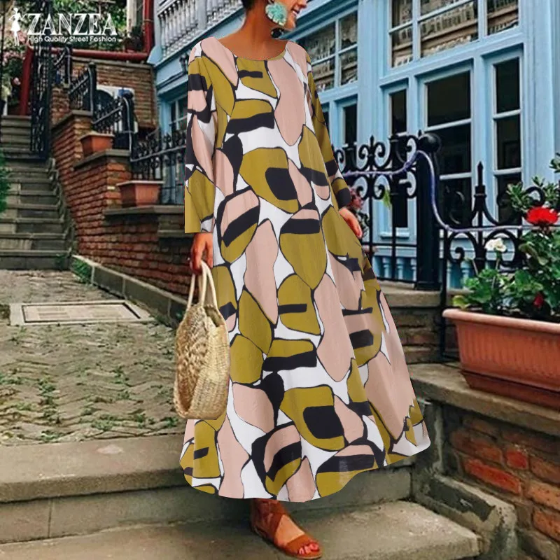 

Plus Size Bohemian Maxi Dress Women's Summer Printed Sundress ZANZEA 2019 Fashion Autumn Long Sleeve Vestidos Casual Tunic Robe
