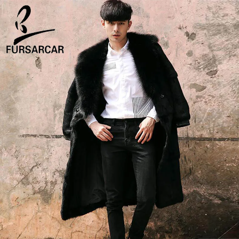 

FURSARCAR 2018 New Black 100cm Long Fashion Natural Rex Rabbit Fur Jacket With Fox Fur Collar For Men Thick Warm Coat