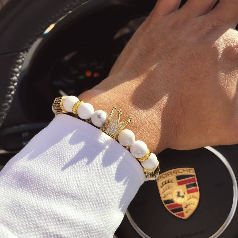 

Mcllroy Bracelets Charms 8mm Natural Stone Bracelets Men Micro Inlay Zircon Black Gun Crown&Matt Onyx Charm Bracelet Women gifts