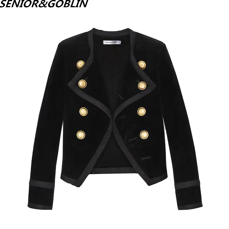 

High quality Runway Women Notched Collar Short Jacket Coat Autumn Winter Double Breasted Suit Female Velvet Black Slim Outwear