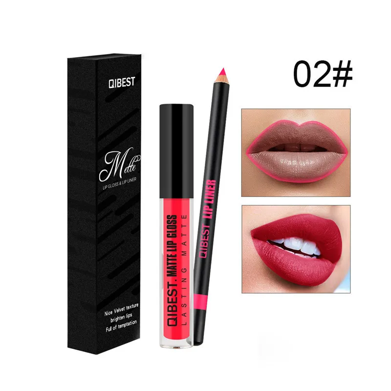 

Long Lasting Full Color Lip Gloss Not Easy To Fade Non Stick Cup Liquid Matte Lipstick+Lip Pencil Makeup Combination TSLM1