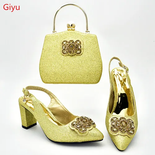 

doershow Fashion Rhinestoneyellow Shoes And Bag Set Newest African Women low Heels Pumps Matching Purse For Wedding!!SXD1-20