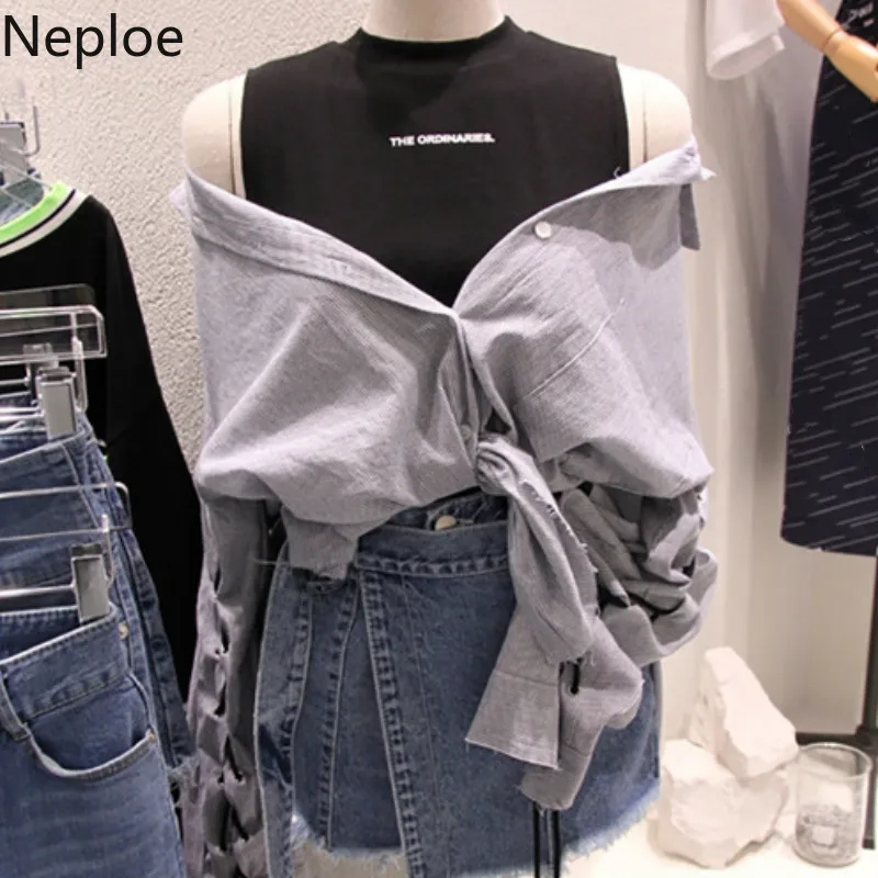 

Neploe Fake Two Piece Women Shirts Summer 2019 New O-Neck Long Sleeve Blouse Korean Fashion Shoulder Strapless Ladies Top 44314