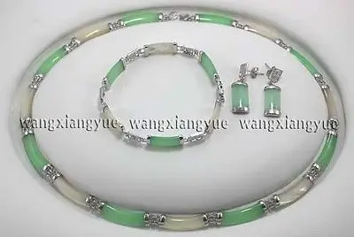 

Natural Green & White Jade Link Necklace Bracelet earrings Set>^^1>18K gold plated watch Quartz stone CZ crystal