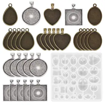 

31PCS Time Gem Dropping Rubber Resin Molds Combination Set with Circular Square Loving Elliptic Alloy Base Jewelry Tools