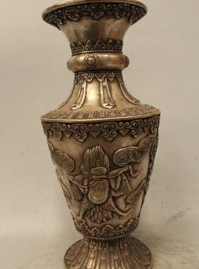 

12" Makred Chinese Dynasty Folk Silver Dragon Garuda Buddha Vase Pot